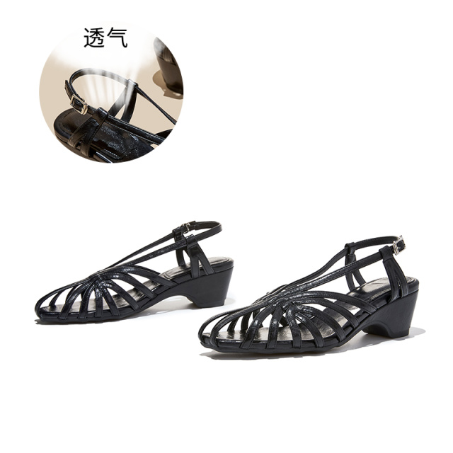 13695526.墨斯本跛跟搭扣镂空编织罗马凉鞋女新款复古简约透气舒适轻便百搭时装女式凉鞋12901