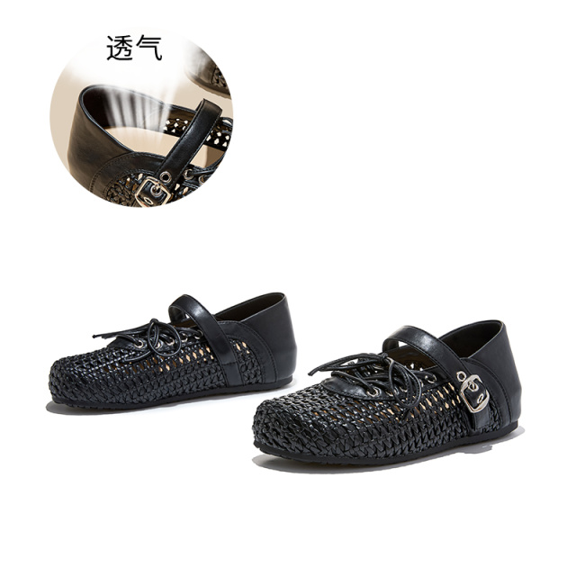 13695543.墨斯本真皮垫编织镂空透气搭扣单鞋女新款简约舒适轻便休闲百搭时装女式单鞋12939