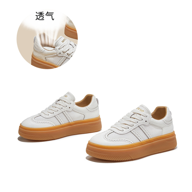 13695544.墨斯本猪皮网面厚底系带德训鞋女新款纯色简约轻便舒适透气通勤百搭女式休闲鞋12917