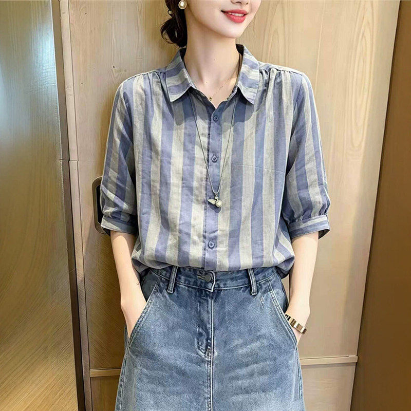 13695952.丹芙娅条纹翻领衬衫女短袖夏季2026新款高级感洋气减龄宽松显瘦衬衣上衣