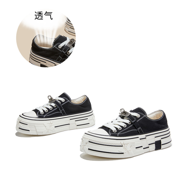 13695540.墨斯本真皮垫厚底金属扣纯色帆布鞋女新款潮流时尚轻便舒适透气百搭女式休闲鞋12916