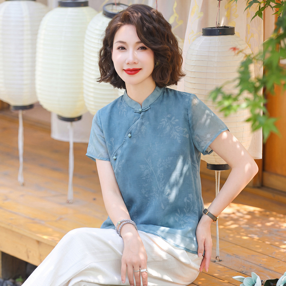 13696743.中老年妈妈夏季薄款透气T恤时尚短袖立领上衣中年女士夏装