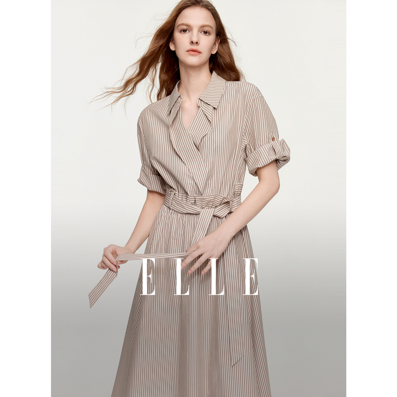 13697333.ELLE纯棉条纹收腰连衣裙女2026夏秋新款法式优雅风不规则长裙