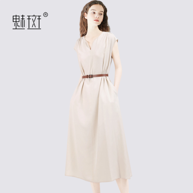 13697185.魅斑V领飞飞袖连衣裙收腰系带裙子