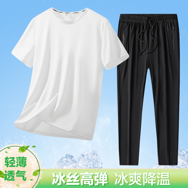13696758.男士时尚休闲冰丝圆领T恤长裤套装592922