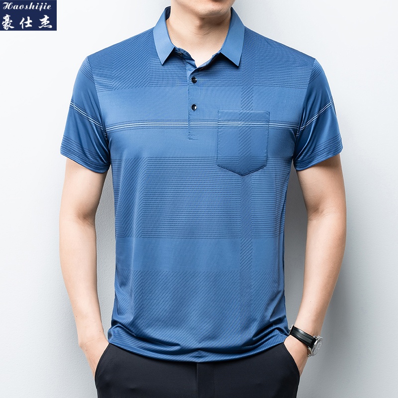 13698047.《休闲简约》夏季爆款真口袋中老年短袖T恤男冰丝高弹条纹Polo衫