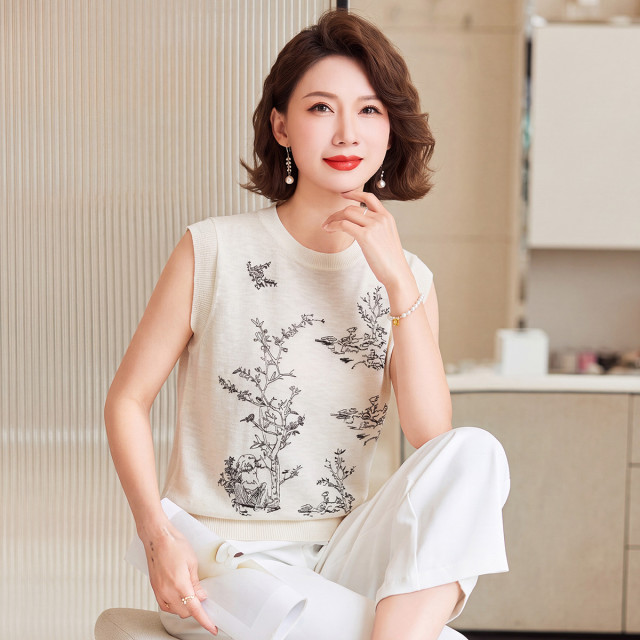 13697011.中年女士夏季短袖针织衫时尚圆领上衣中老年妈妈气质减龄夏装