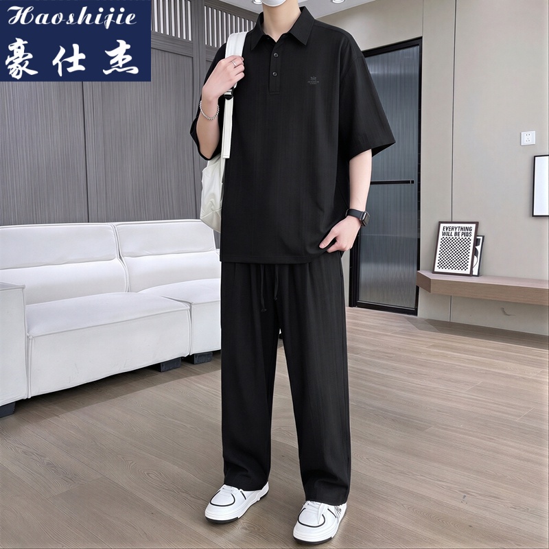 13698046.《潮流舒适》夏季薄款百搭男衬衫POIO衫冰丝麻短袖长裤套装两件套