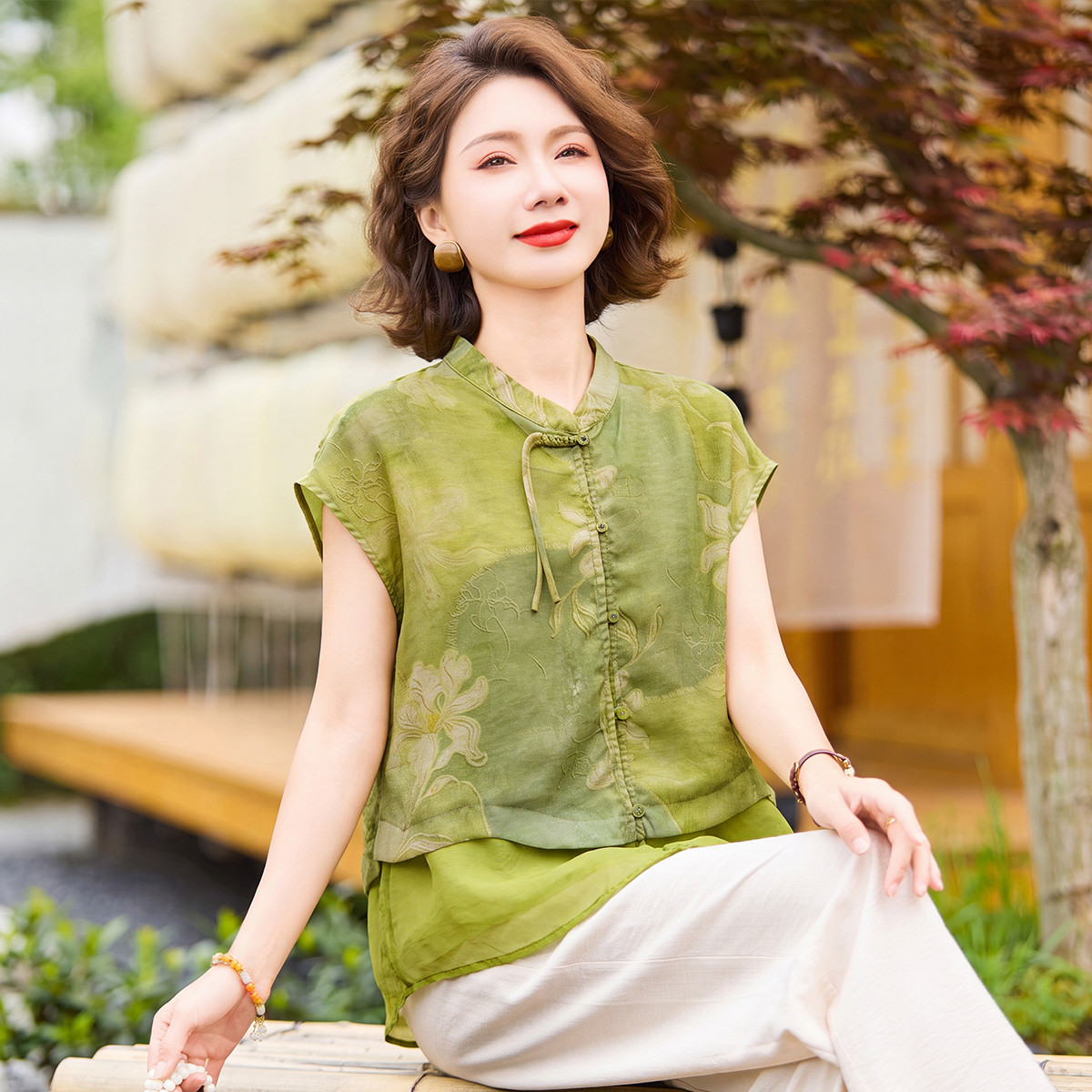 13696746.中年女士时尚国风衬衫夏季薄款短袖立领上衣中老年妈妈气质夏装