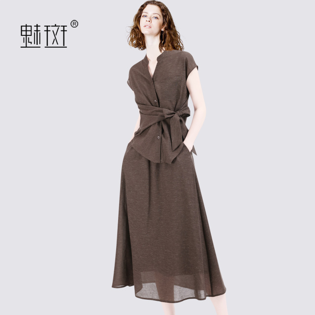 13697167.魅斑绑带短袖衬衫半身裙两件套收腰套装裙