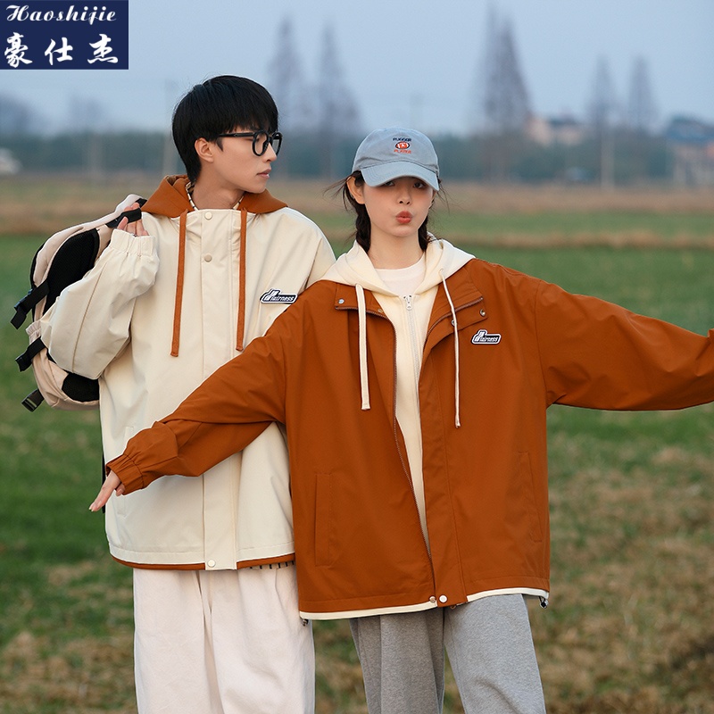 13698053.《防风方水休闲》秋冬爆款青少年宽松连帽假两件夹克男宽松夹克外套