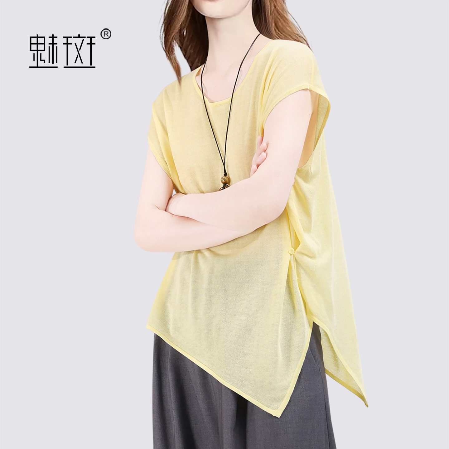 13697195.魅斑不规则下摆天丝亚麻T恤圆领短袖