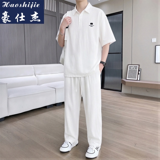 13698046.《潮流舒适》夏季薄款百搭男衬衫POIO衫冰丝麻短袖长裤套装两件套
