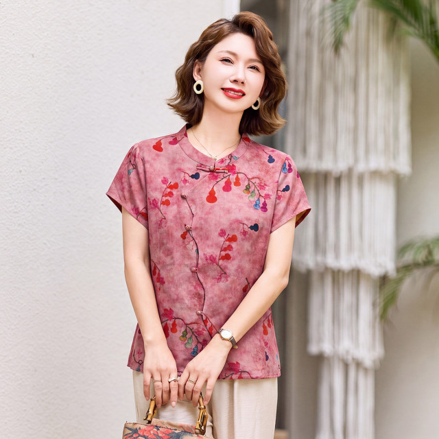 13696750.中年妈妈夏装彩色葫芦印花T恤2026新款洋气短袖上衣小衫