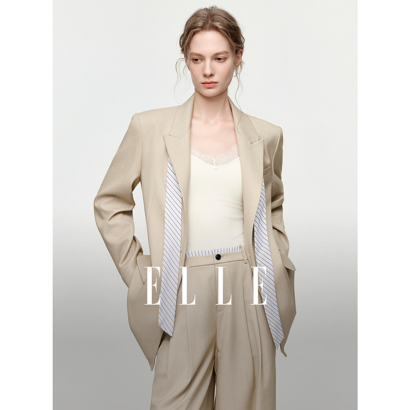 13697385.ELLE飘带拼接西服外套女2026夏秋季新款摩登通勤风宽松正肩西装
