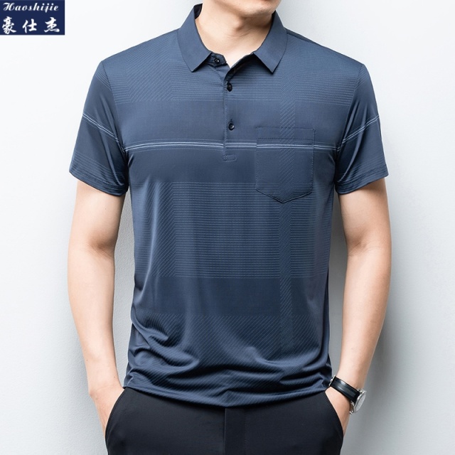 13698047.《休闲简约》夏季爆款真口袋中老年短袖T恤男冰丝高弹条纹Polo衫