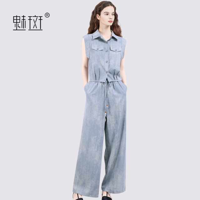 13697193.魅斑无袖衬衫阔腿裤套装两件