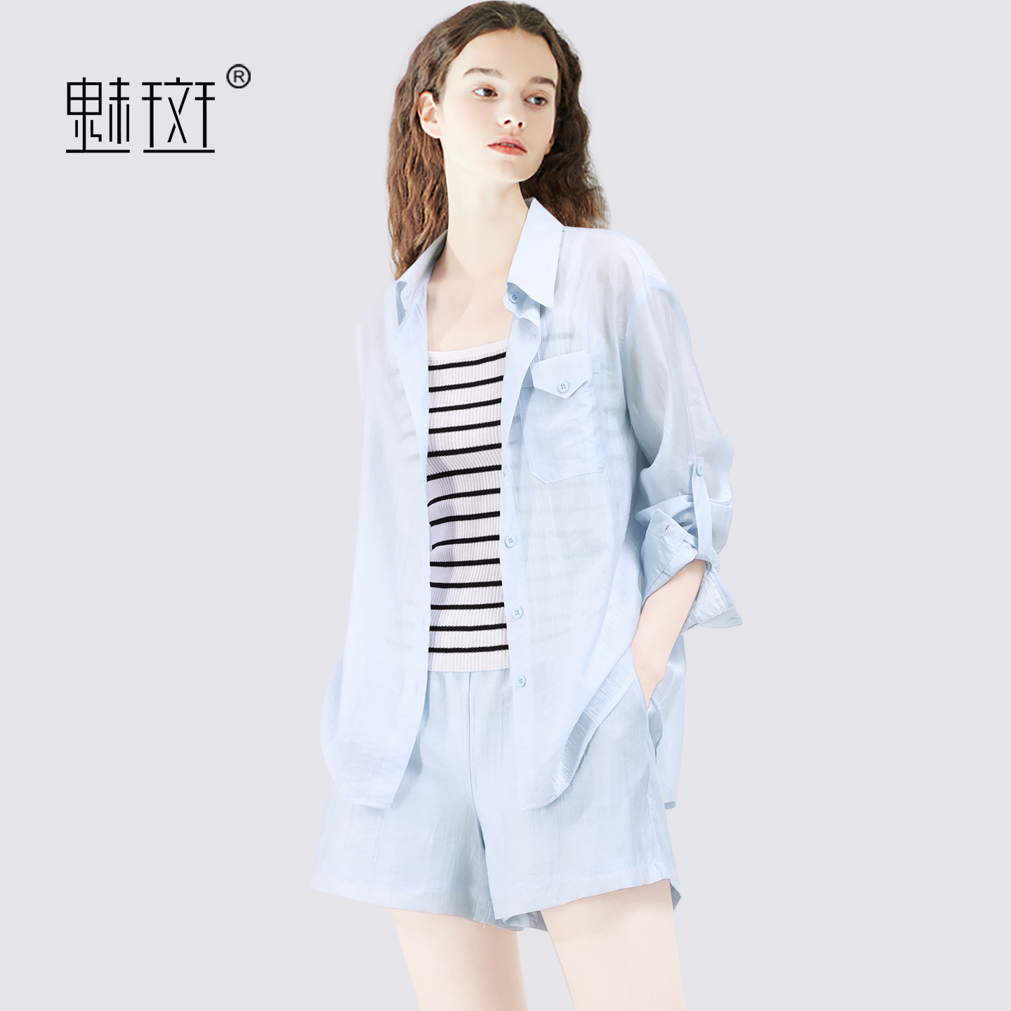 13697189.魅斑吊带衬衫短裤阔腿裤套装天丝