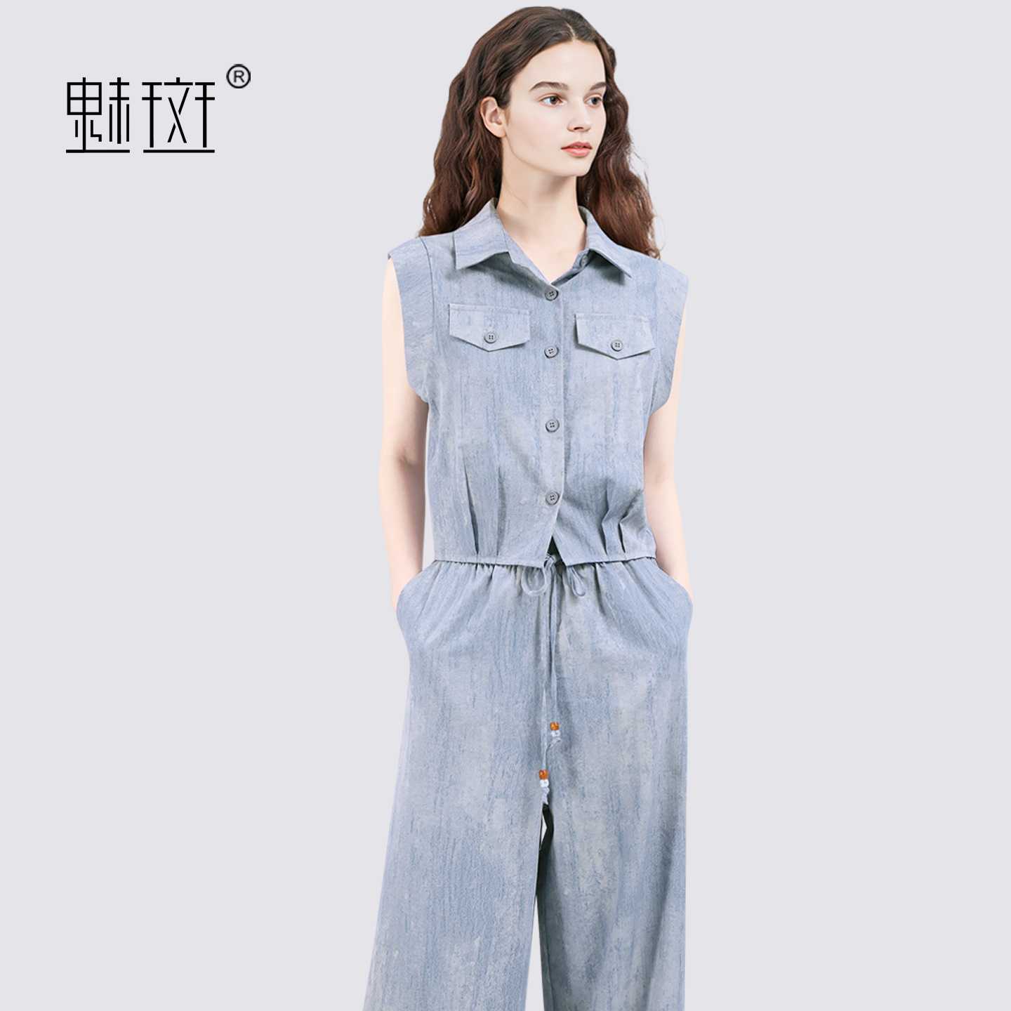 13697193.魅斑无袖衬衫阔腿裤套装两件