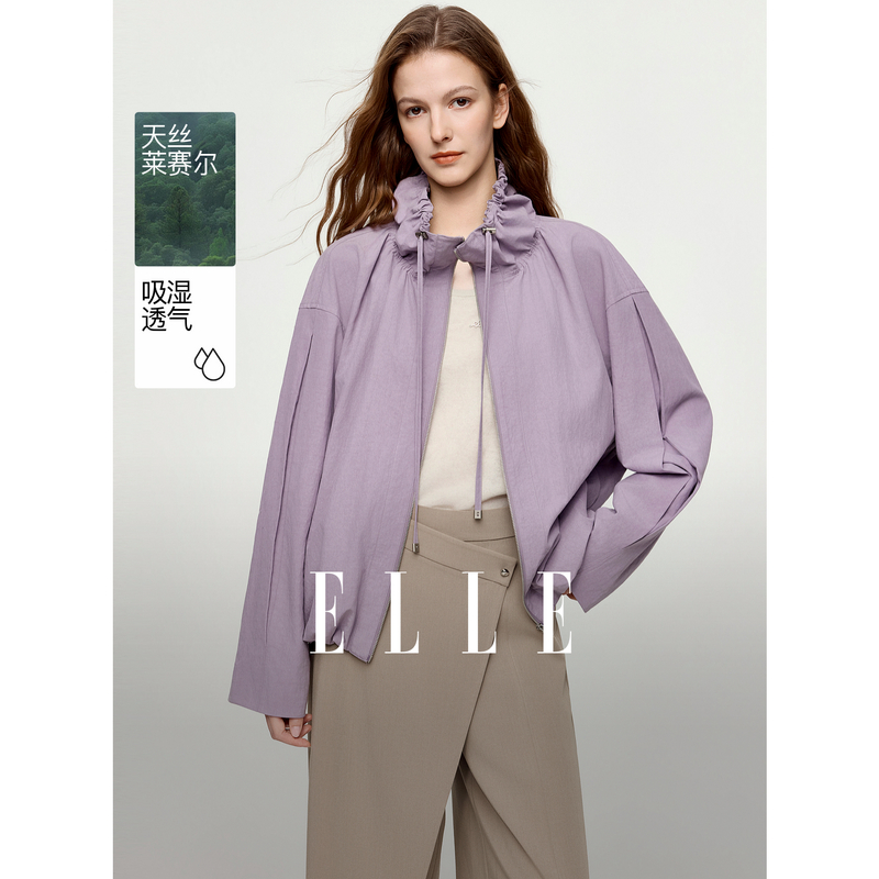 13697394.ELLE立领抽褶休闲短外套女2026夏秋新款都市休闲风肌理感上衣