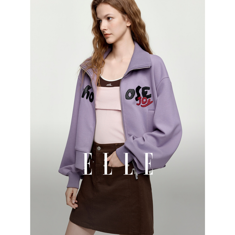 13697393.ELLE设计感趣味印花短外套女2026夏秋新款摩登休闲风宽松卫衣