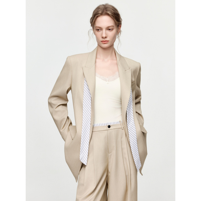 13697385.ELLE飘带拼接西服外套女2026夏秋季新款摩登通勤风宽松正肩西装