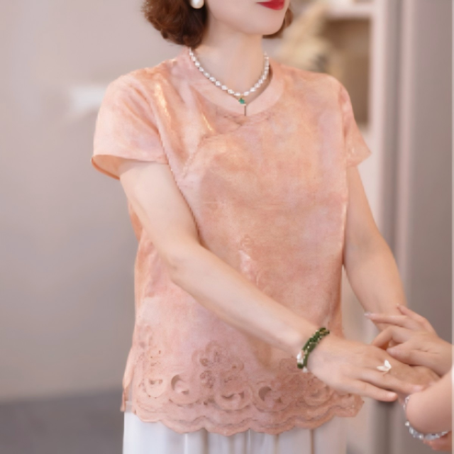 13696863.中老年妈妈时尚国风上衣夏季薄款短袖立领T恤中年女士气质夏装