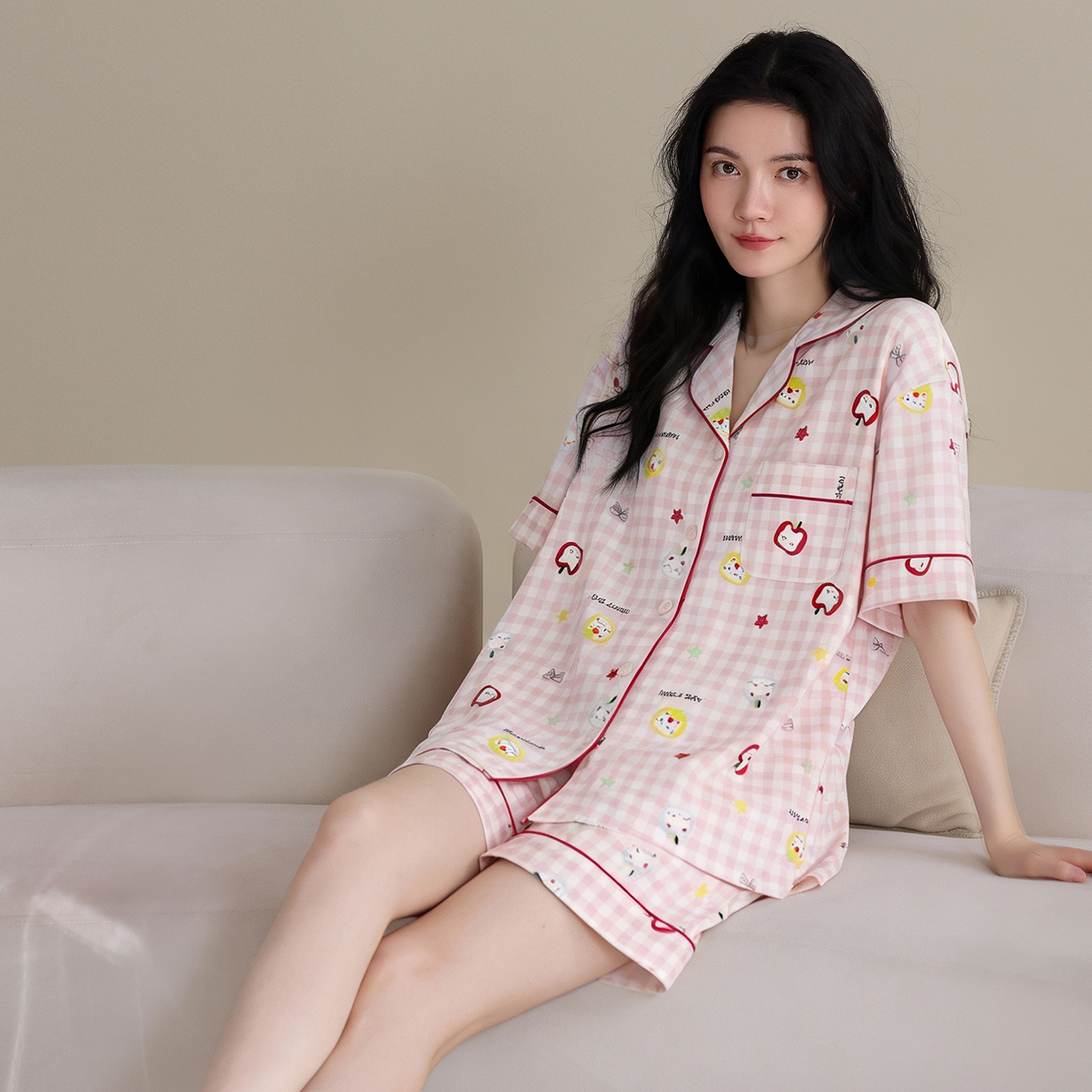 13699805.猫人睡衣女款夏季短袖三件套卡通可爱少女士家居服