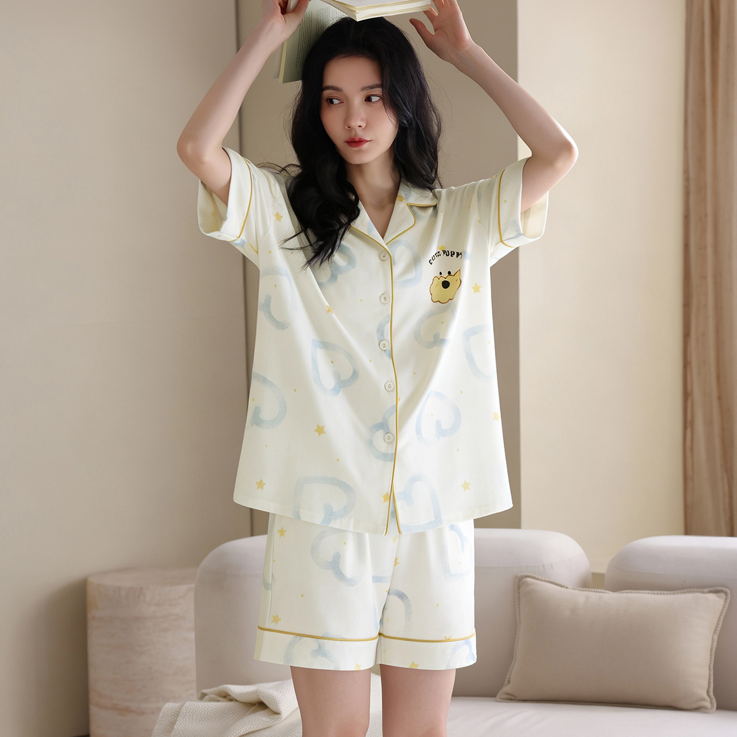 13699796.猫人纯棉睡衣女短袖短裤夏季可外穿卡通休闲家居服装