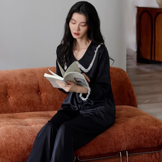 13699425.少宜夏季女士冰丝长袖长裤睡衣套装条纹翻领开衫家居服可外穿薄款女士冰雪丝长袖长裤套装