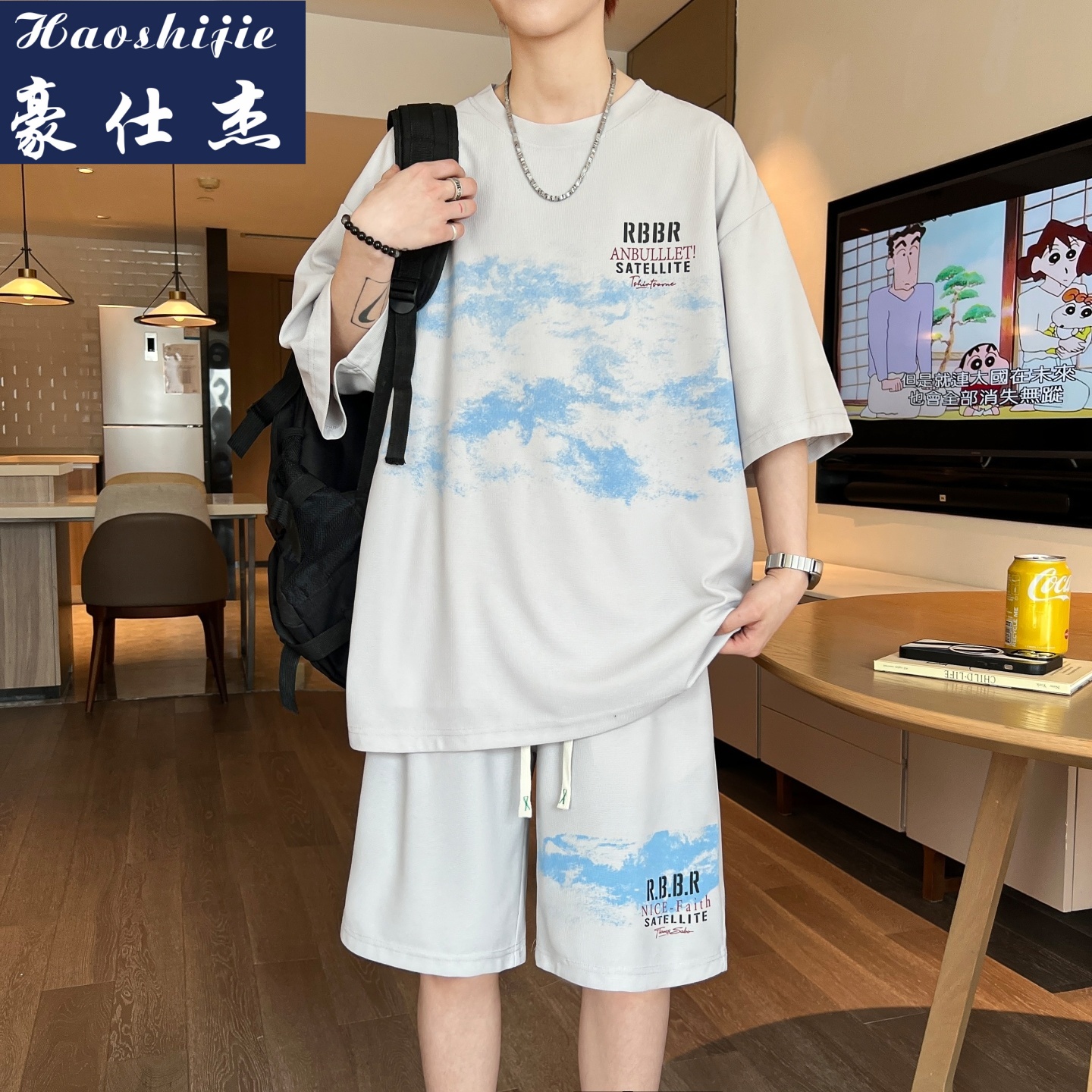 13700498.《休闲舒适》夏季新款青少年短袖套装男凉感透气短裤T恤两件套