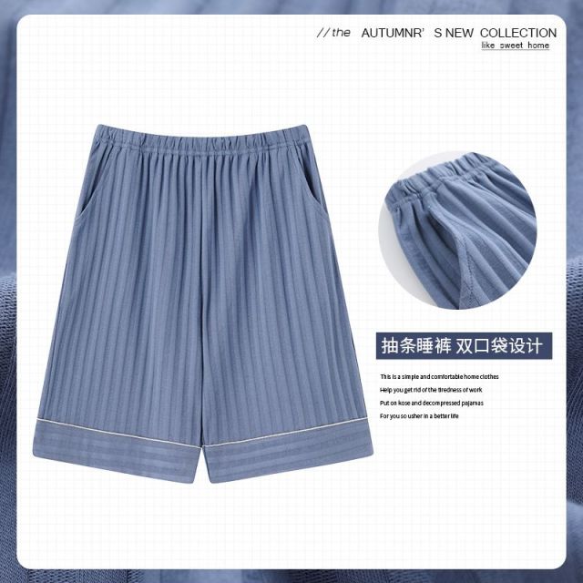 13699451.少宜夏季男士抽条睡裤短裤宽松大码可外穿家居服薄款透气休闲五分裤男士带口袋抽条睡裤居家短裤