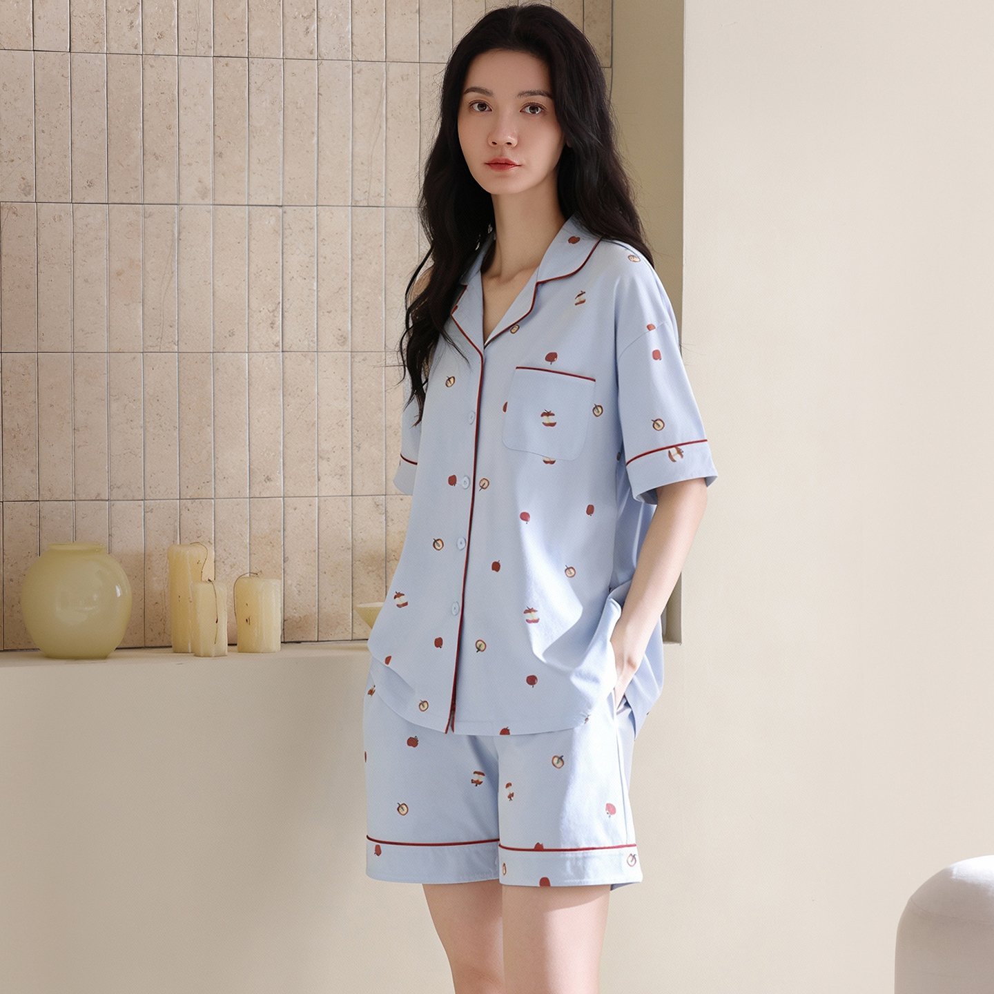 13699795.猫人纯棉睡衣女夏季条纹卡通休闲短袖短裤可外穿家居服装