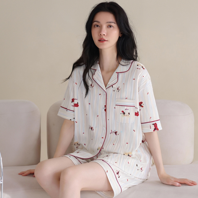 13699801.猫人纯棉100%春夏季女士款睡衣可外穿卡通可爱短袖短裤家居服