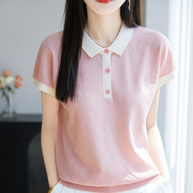 13700493.【功佑】冰丝翻领桂花针刺绣针织短袖