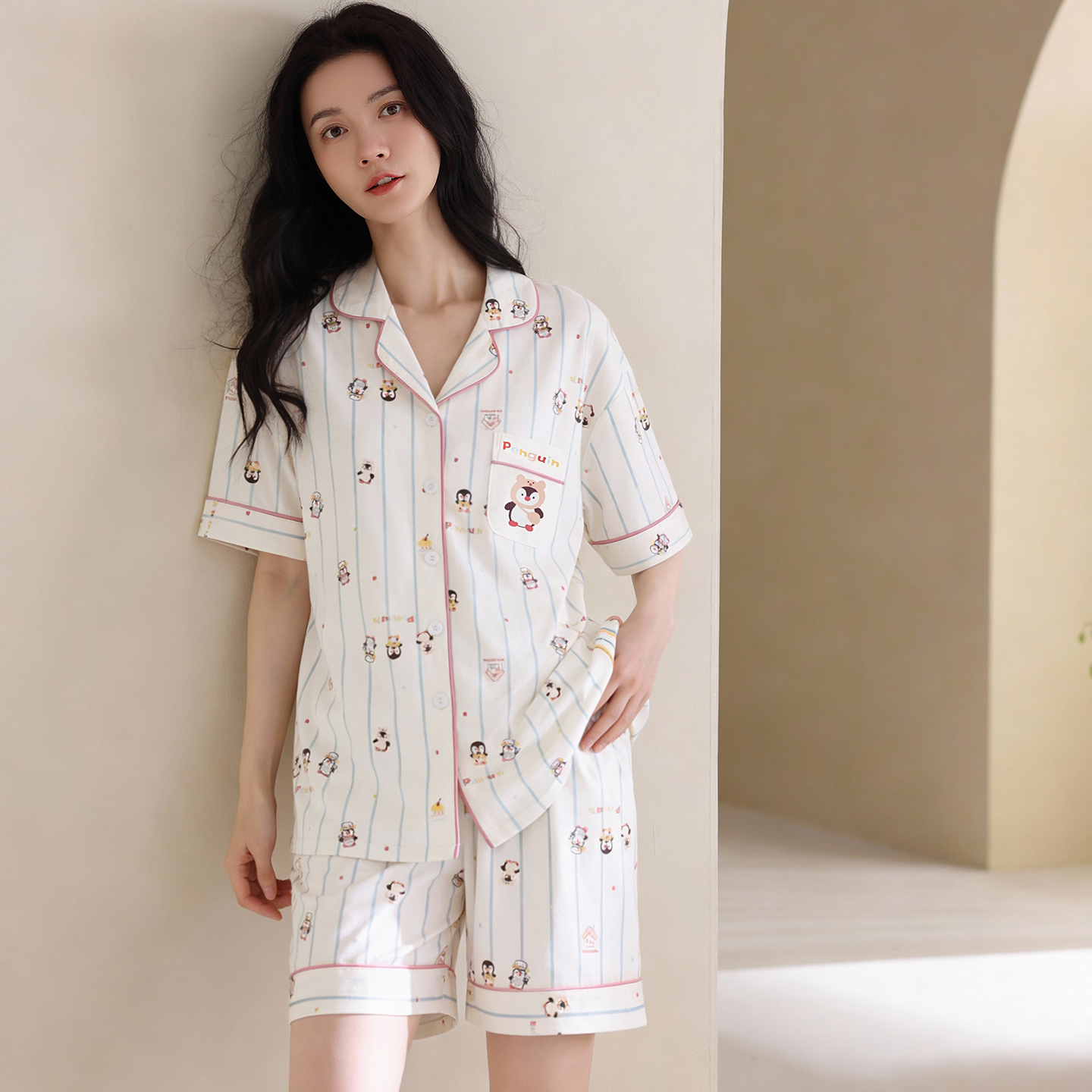 13699798.猫人春夏纯棉睡衣女式卡通少女宅家必备100%新疆棉家居服套装