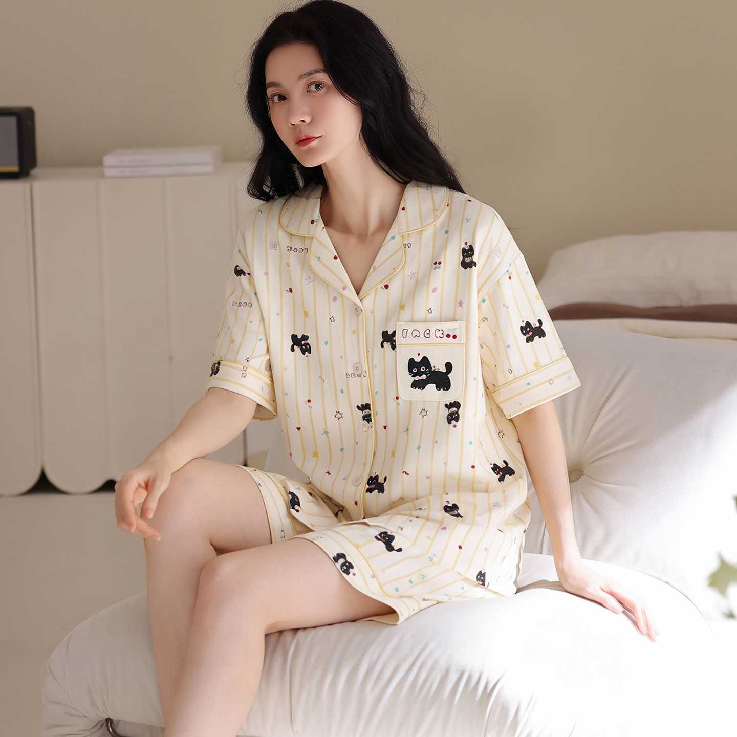 13699799.猫人女士纯棉翻领短袖睡衣套装春夏舒适透气可外穿家居服