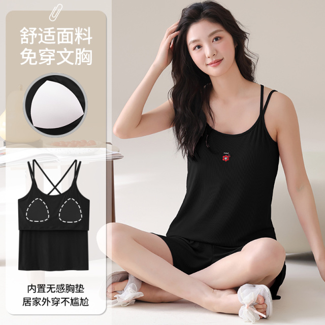 13699428.少宜夏季女士莫代尔吊带短裤睡衣套装带胸垫免穿文胸家居服薄款凉感可外穿带胸垫背心女套装