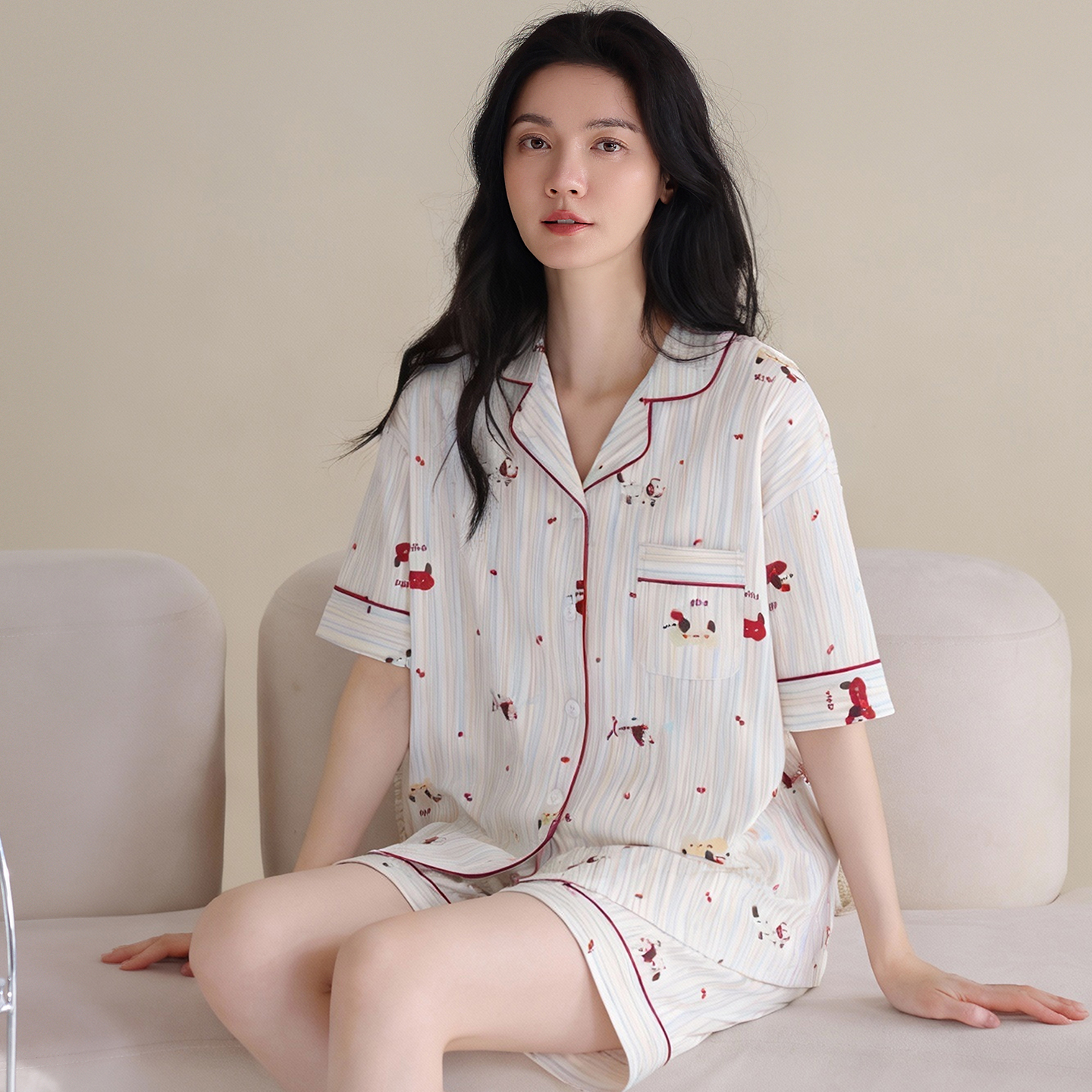 13699801.猫人纯棉100%春夏季女士款睡衣可外穿卡通可爱短袖短裤家居服