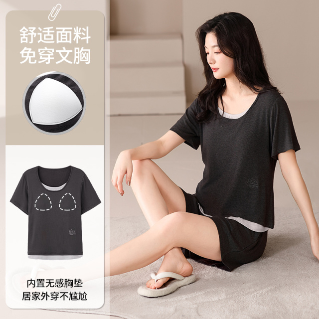 13699439.少宜夏季女士莫代尔带胸垫短袖短裤睡衣套装免穿文胸家居服薄款凉感可外穿短袖短裤
带胸垫套头