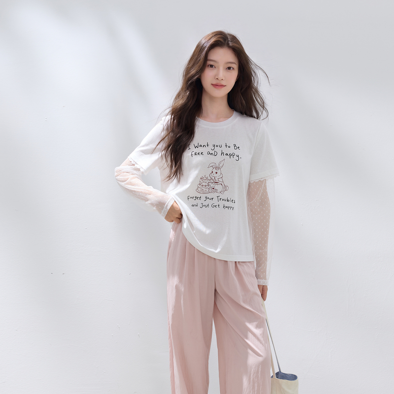 13699755.三彩若潮大码女装2026秋季新款假两件长袖兔子印花T恤藏肉微胖MM
