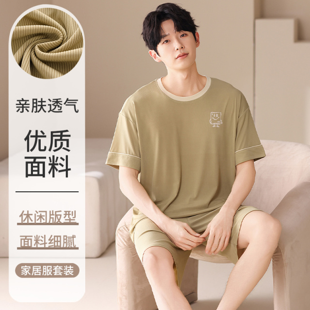 13699431.少宜夏季男士冰丝短袖短裤睡衣套装卡通印花亲肤透气家居服可外穿薄款短袖短裤男单套头
