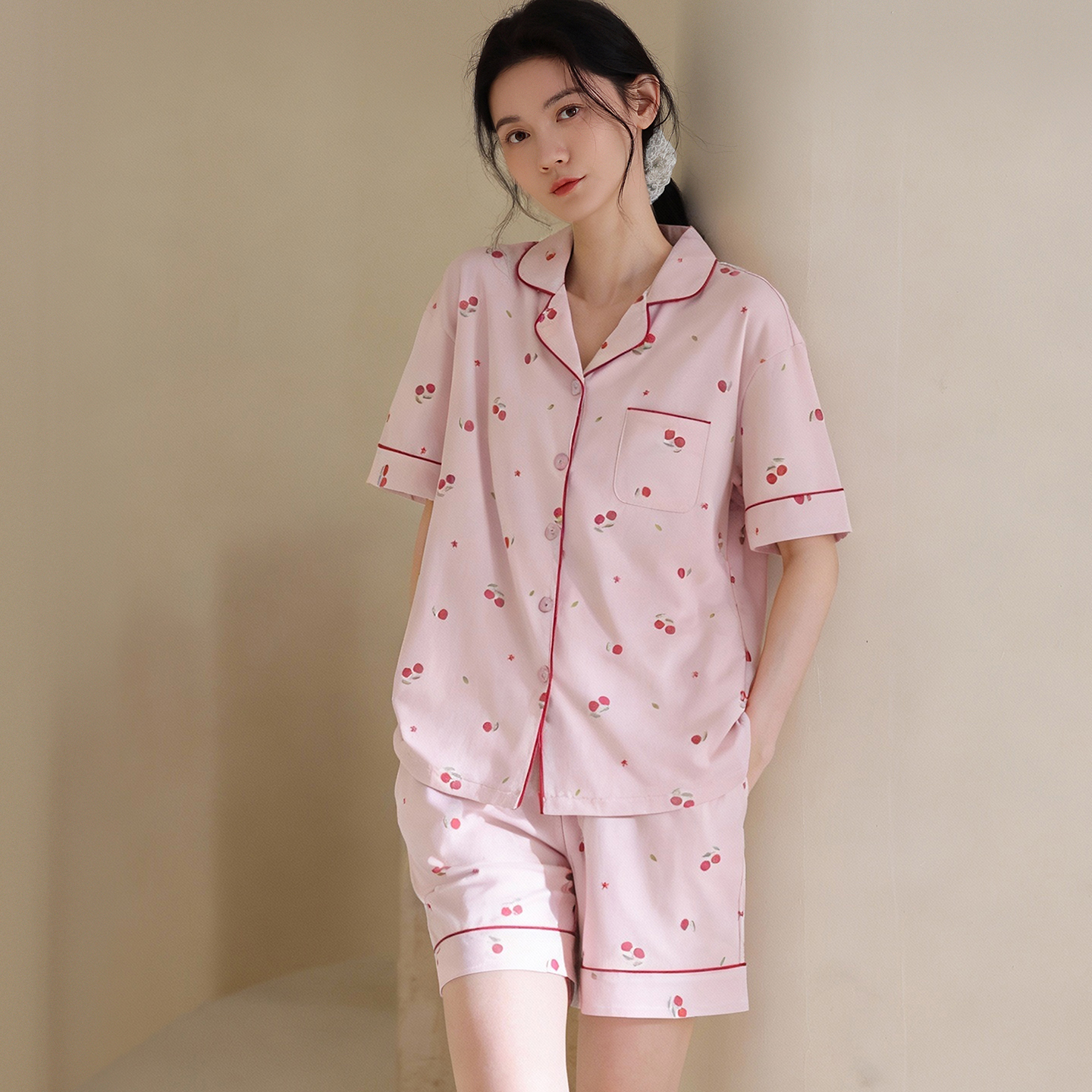 13699794.猫人纯棉睡衣春夏季女款可外穿卡通可爱短袖短裤家居服套装
