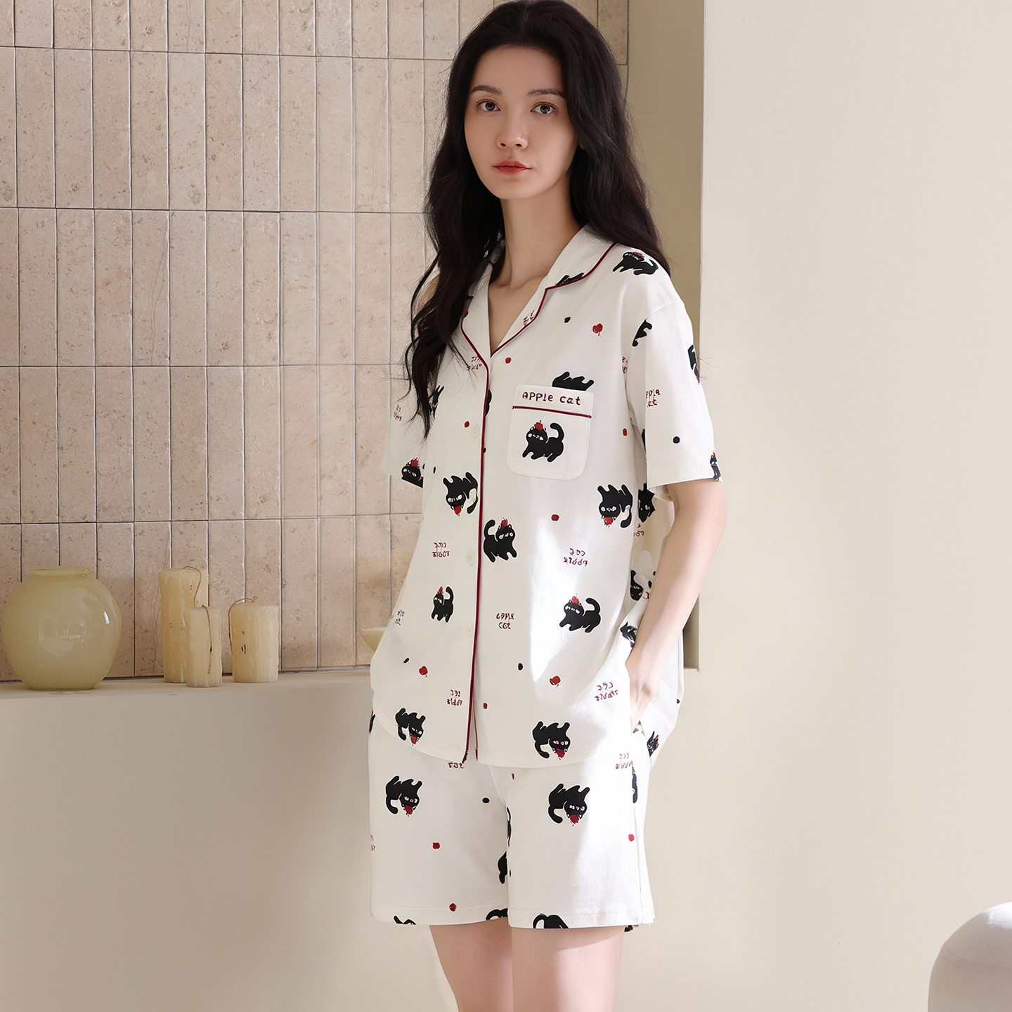 13699803.猫人睡衣套装女式夏季短袖短裤卡通可爱家居服