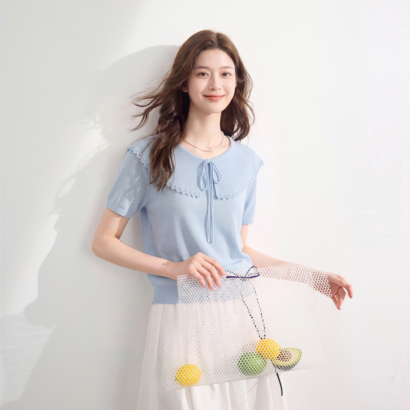 13699630.三彩若潮大码女装2026秋季新款花边娃娃领短袖毛针织衫甜美微胖MM
