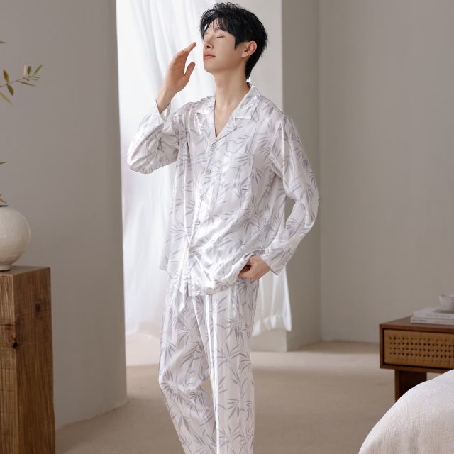 13699446.少宜夏季男士冰丝印花长袖长裤睡衣套装翻领开衫可外穿家居服薄款男士冰雪丝长袖长裤套装