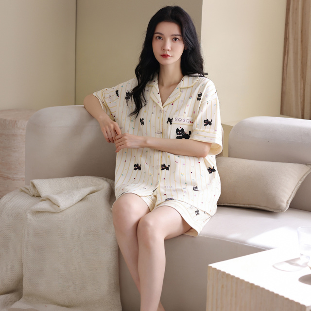 13699799.猫人女士纯棉翻领短袖睡衣套装春夏舒适透气可外穿家居服