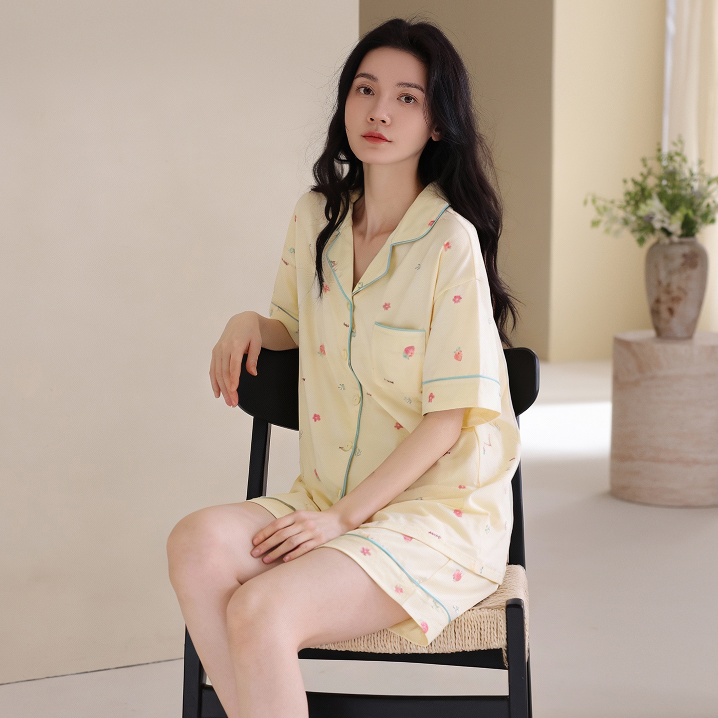 13699797.猫人睡衣女士纯棉夏季短袖短裤甜美开衫家居服夏天