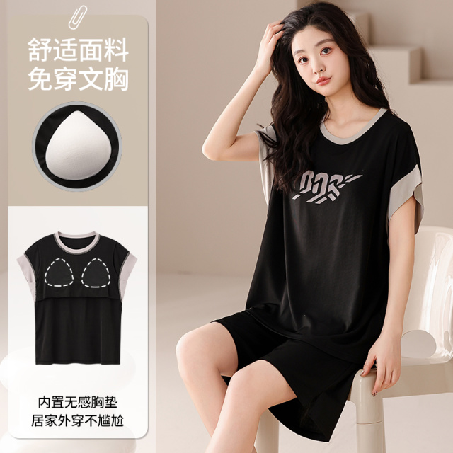 13699434.少宜夏季女士短袖睡衣套装带胸垫免穿文胸印花家居服可外穿薄款运动风运动风短袖短裤
带胸垫套头