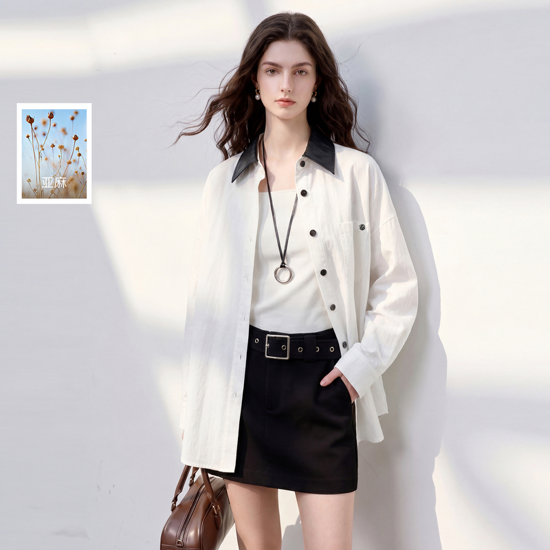 13698131.三彩丽雪leisure2026秋季新款宽松中长棉麻外套PU翻领开衫上衣女